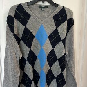 EUC j.Crew cashmere & cotton Argyle V-neck gray& blue long sleeve preppy L
